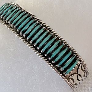Native American Hand-stamped sterling silver Zuni petit-point turquoise Bracelet